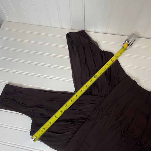 TADASHI SHOJI Brown Ruched Off-Shoulder Silk Sleeveless Midi Bodycon Dress Sze 4 - Picture 9 of 10